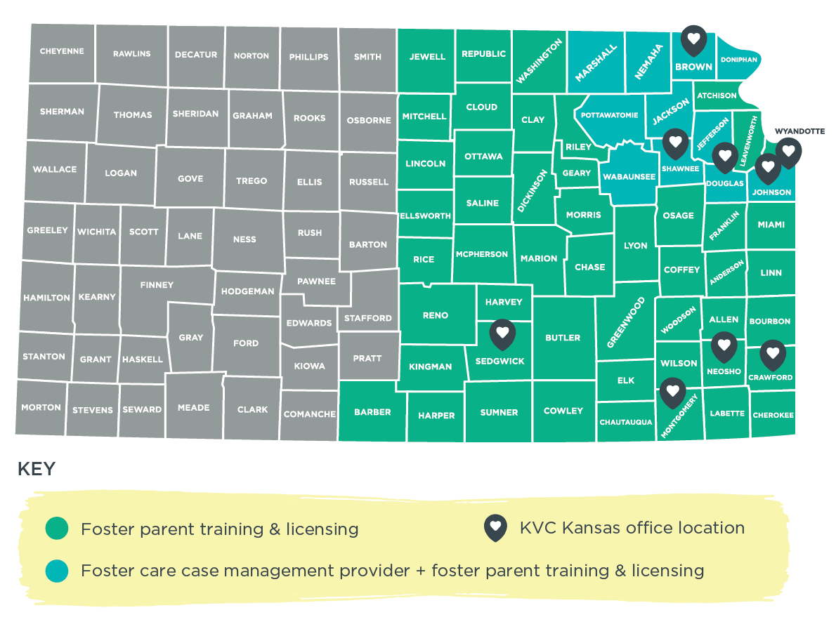 KVC Kansas provides foster care case management services in 11 Northeastern Kansas counties. We also train and license foster parents across Central and Eastern Kansas. 