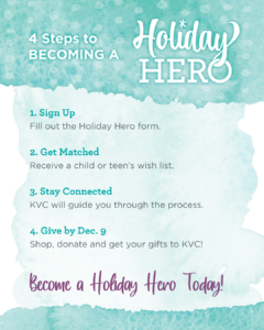 Fill Out the Form Complete the Holiday Hero form to request to participate. Get Matched Our Community Engagement Team will review available wish lists and match you with a child or teen. Stay Connected After you're matched, you'll stay in communication with our Community Engagement Director, who will provide the information and guidance you need. Give by December 9 Purchase your gifts or make your donation, then follow KVC's instructions for drop-off or delivery. All Holiday Hero donations and gifts must be received by December 9, 2026.